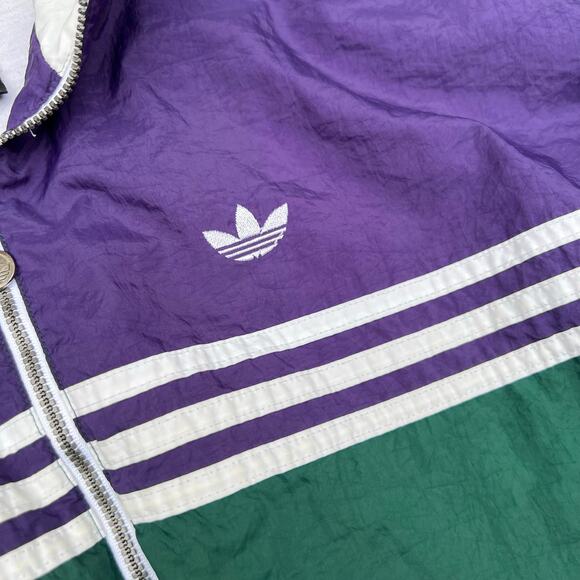 Vintage 90s Adidas Windbreaker Zip Jacket Green Purple White 3 Stripe Zip Up L - Picture 4 of 10